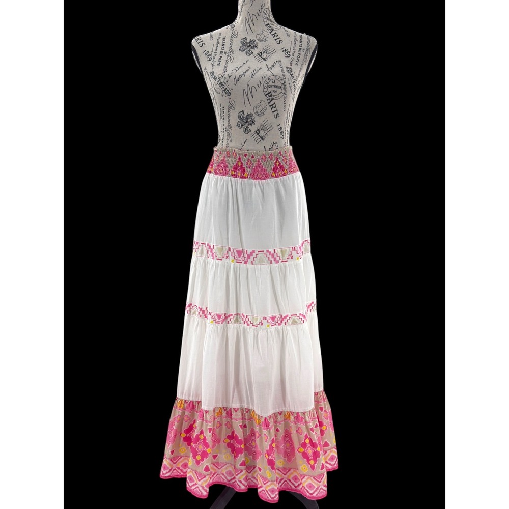 Style & Co Cotton Maxi Skirt White Pink Tiered Embroidered Boho L Peasant Hippie